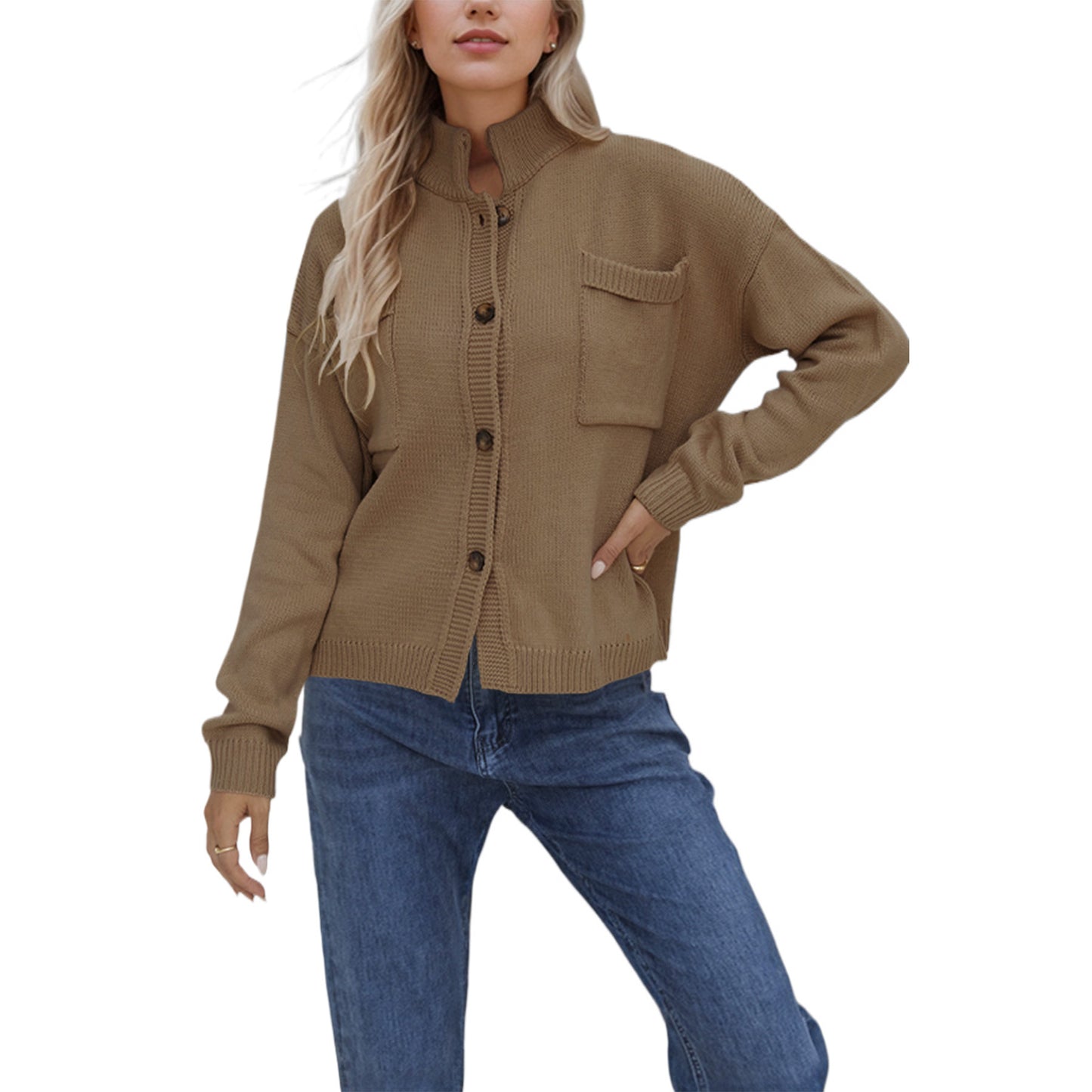 Standing Collar Plus Size Sweater Solid Color Cardigan For Women