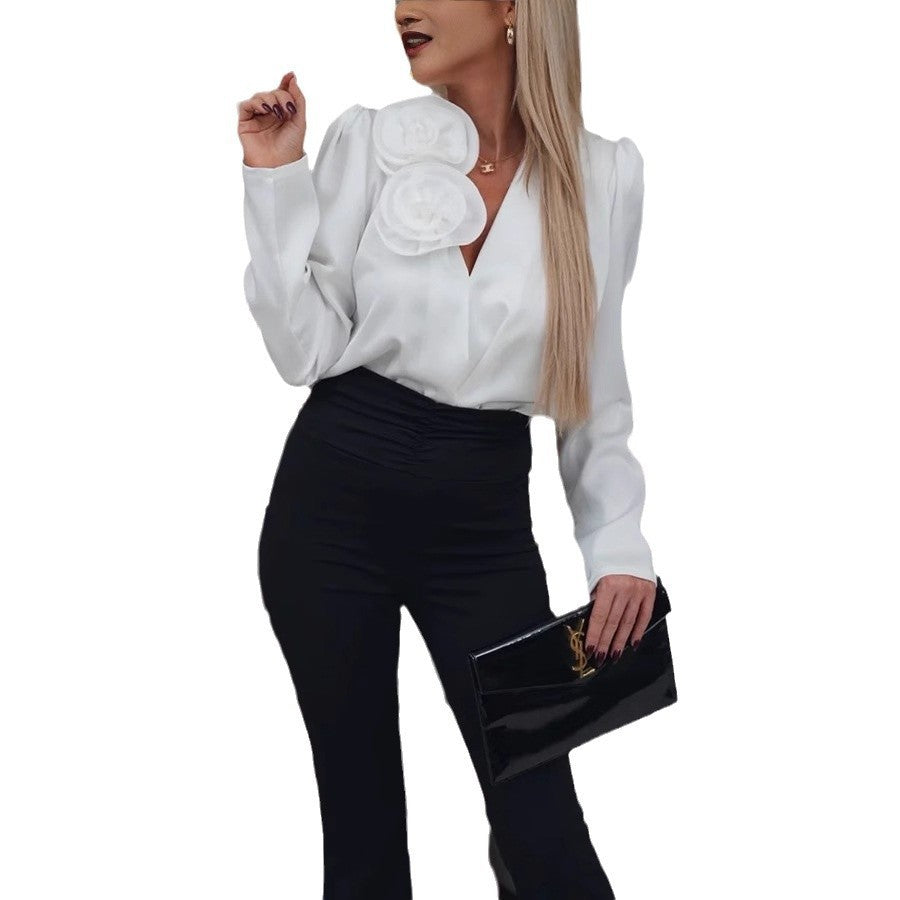 V-neck Flower Decoration Satin Long Sleeve Shirt Top