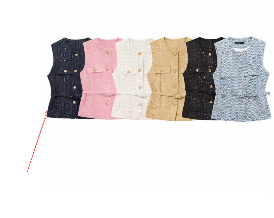 Women's Fashion Casual Sleeveless With Belt Texture Vest