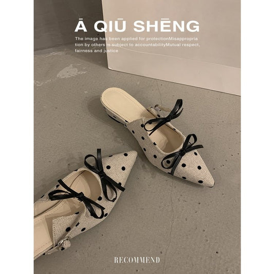 Women's Closed Toe Mules, Sweet Pointed Toe Bow Polka Dot Wedge Slippers 2026 New Elegant Casual Shoes