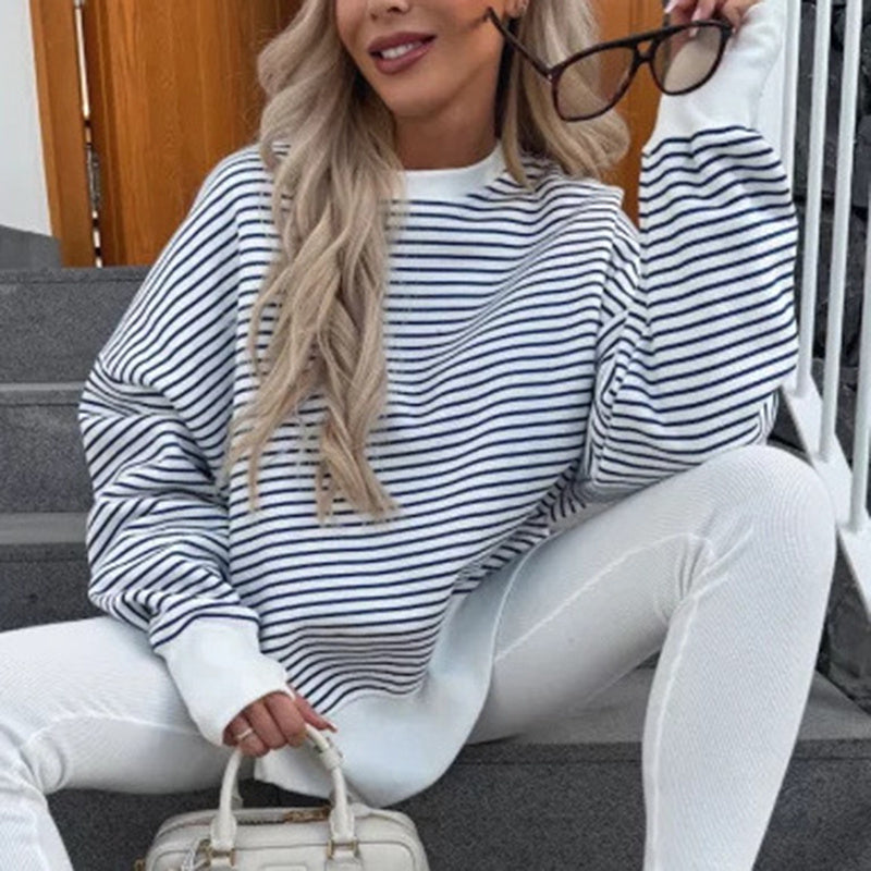 Women's Striped Sweatshirt Size Slit Long Sleeve Shirts For Women Crewneck Hoodies Casual Pullover Top