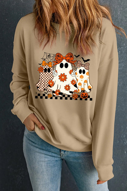 Khaki Cute Halloween Ghost Printed Drop Shoulder Baggy Sweatshirt