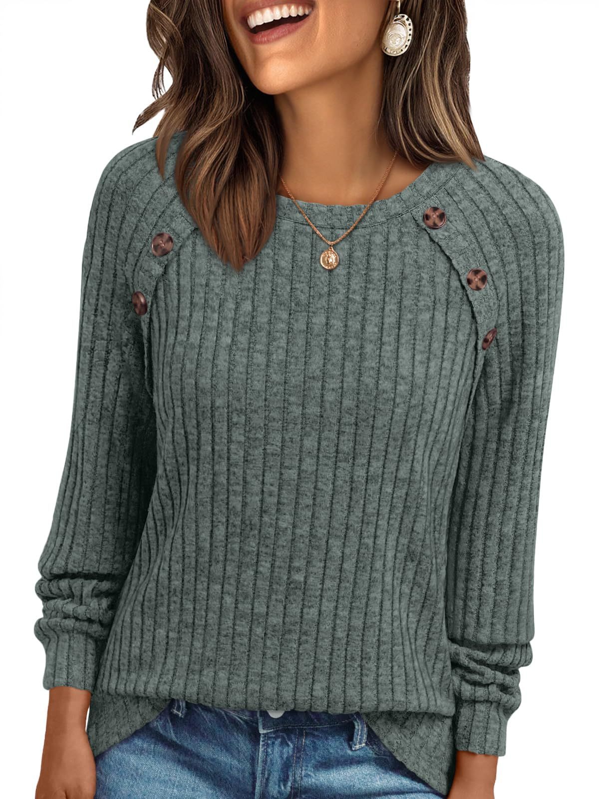 Round Neck Sunken Stripe Brushed Solid Color Top Long Sleeve