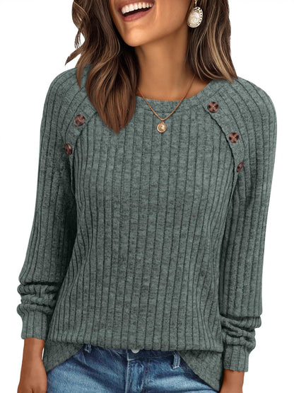 Round Neck Sunken Stripe Brushed Solid Color Top Long Sleeve