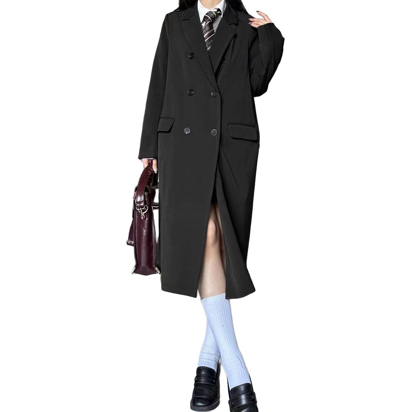 Black Long Suit Trench Coat Coat For Women Spring And Autumn