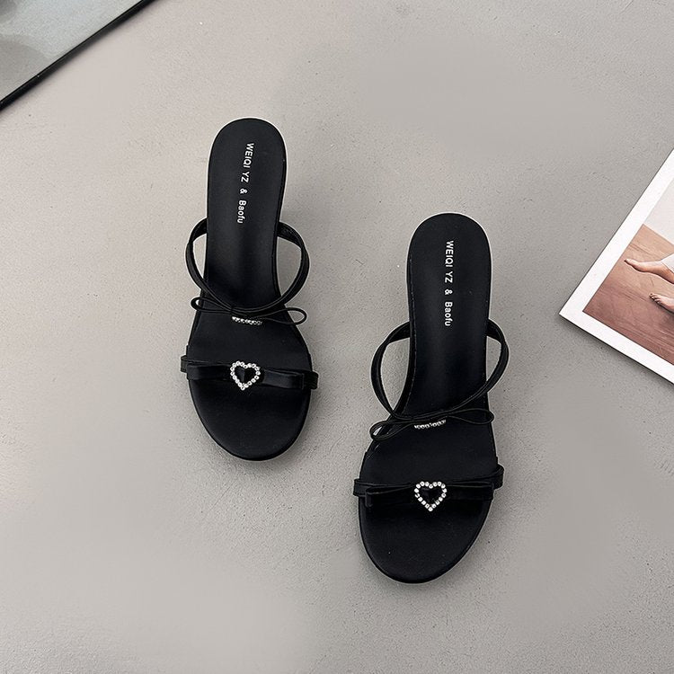 French Polka Dot Bow High-heeled Shoes For Women, White Round Toe Straight Strap Sandals For Women