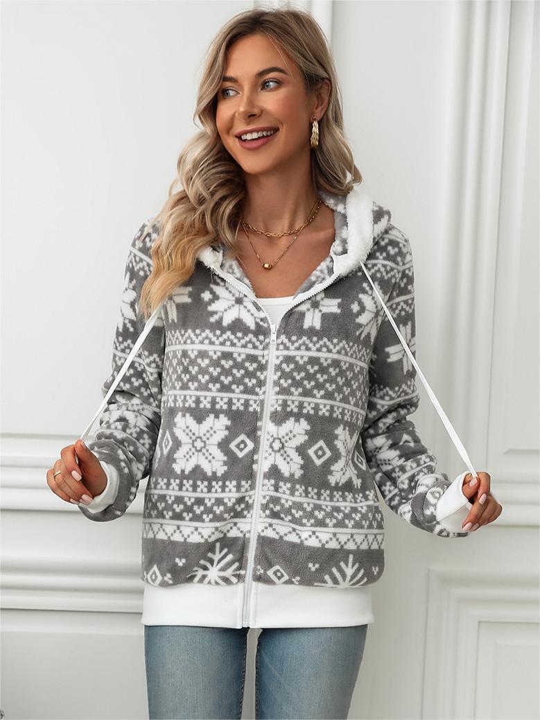 European And American Autumn And Winter New Hooded Cardigan Christmas Style Printed Plush Coat