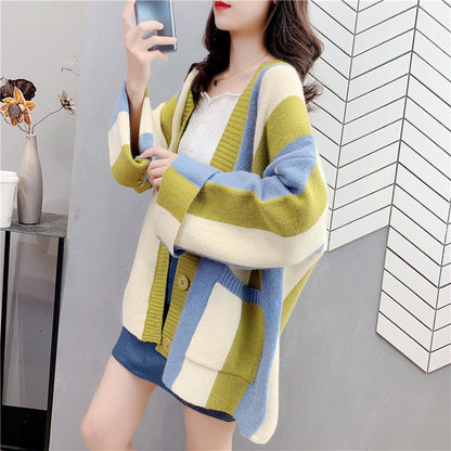 Striped Color Stitching Knitted Cardigan Sweater Coat For Women