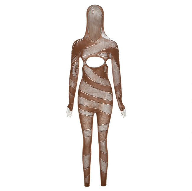 New Sexy Lace Hollow Out See-through Hooded High Waist Tight Knitted