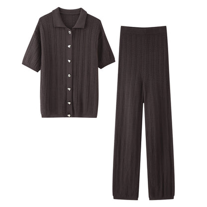 Fashion Texture Knitted Slim Straight Lapel Short Sleeve Trousers