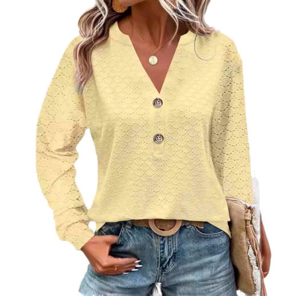 Women's Fashion Casual Solid Color Buttons V-neck Long Sleeve