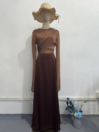 Elegant Summer Sleeve Contrast Chiffon & Satin Maxi Dress With Flared Cuffs - Slim Fit Long Dress For Women