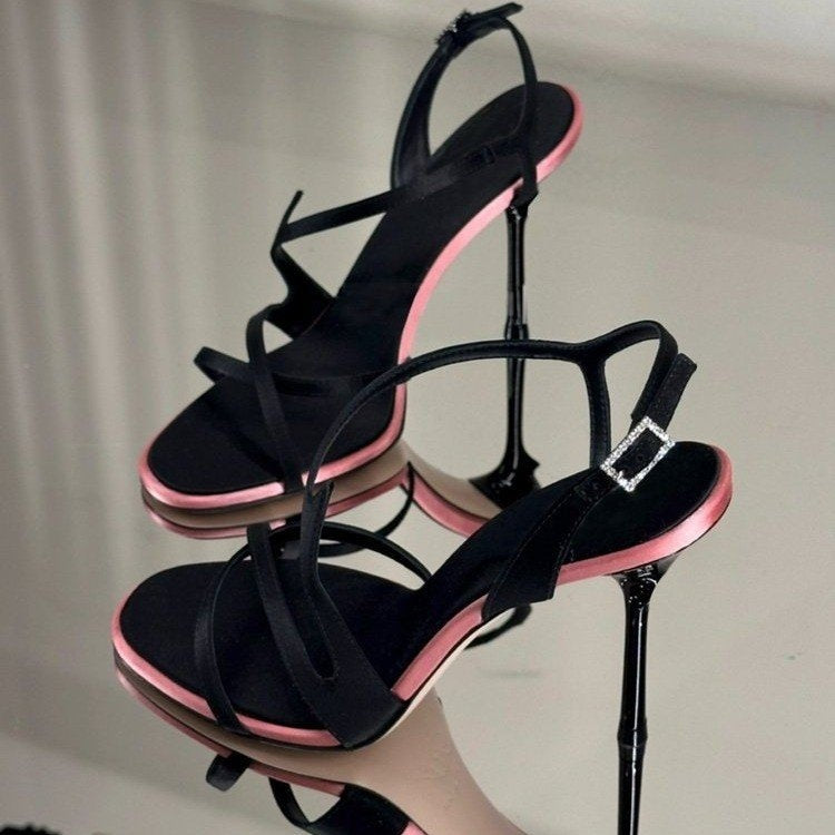 Chuyuji Black Stiletto High Heels 2026 New Summer Open Toe One Strap Satin Color Block Elegant Dating Sandals