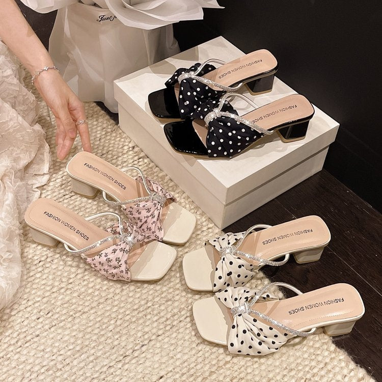 New Square Toe Polka Dot Rhinestone Bow One Strap Block Heel Mules Women Outdoor Elegant Sandals