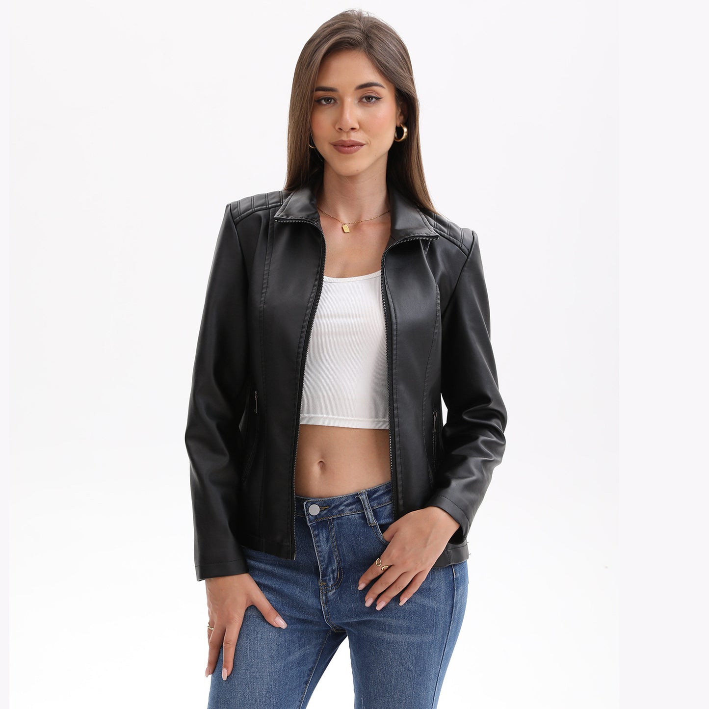 Women's Leather Jacket Knitted Stitching Stretch Coat