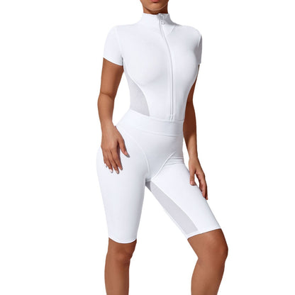Tight Waist Open Collar Zipper Short Sleeve Yoga Jumpsuit Women