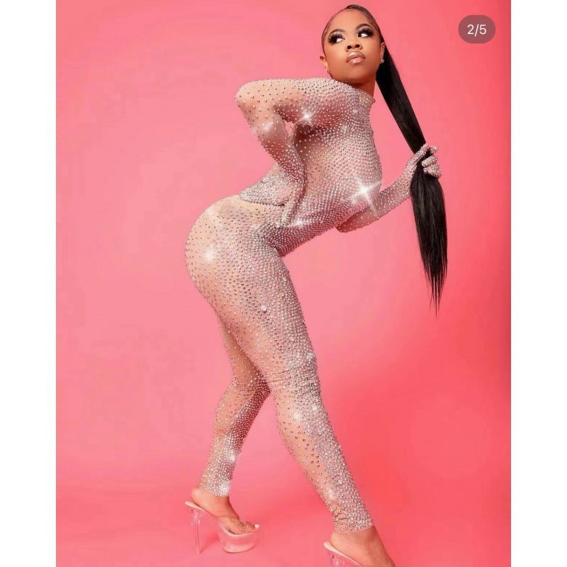 Cross Diamond Stretch Tight Jumpsuit European And American Bar DS Costume Dance