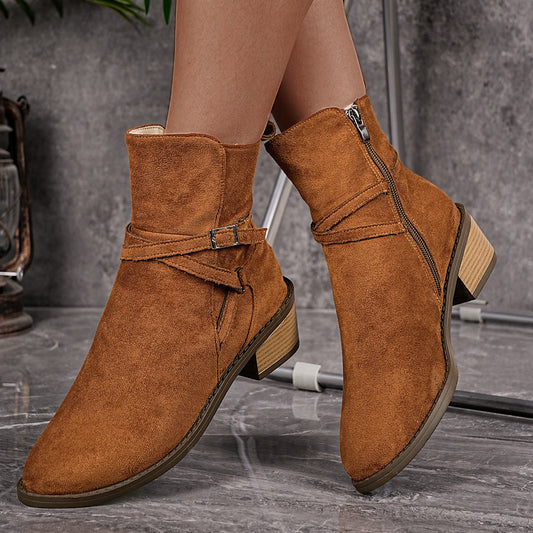 New Cross-strap Side Zipper Mid-heel Ankle Boots For Women