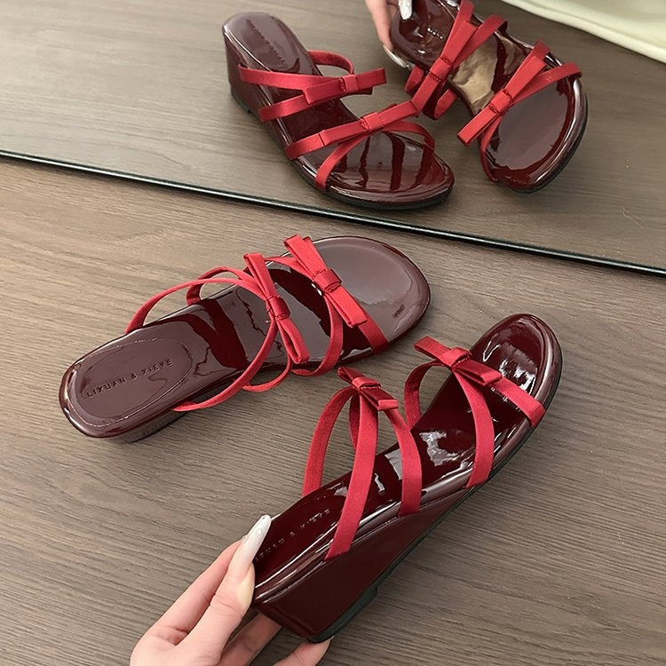 Wedge Heel Gentle French Bow Slide Sandals, 2026 Summer New Elegant Mule Slippers Purple Dress Matching Casual Summer Slides