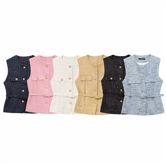 Women's Fashion Casual Sleeveless With Belt Texture Vest