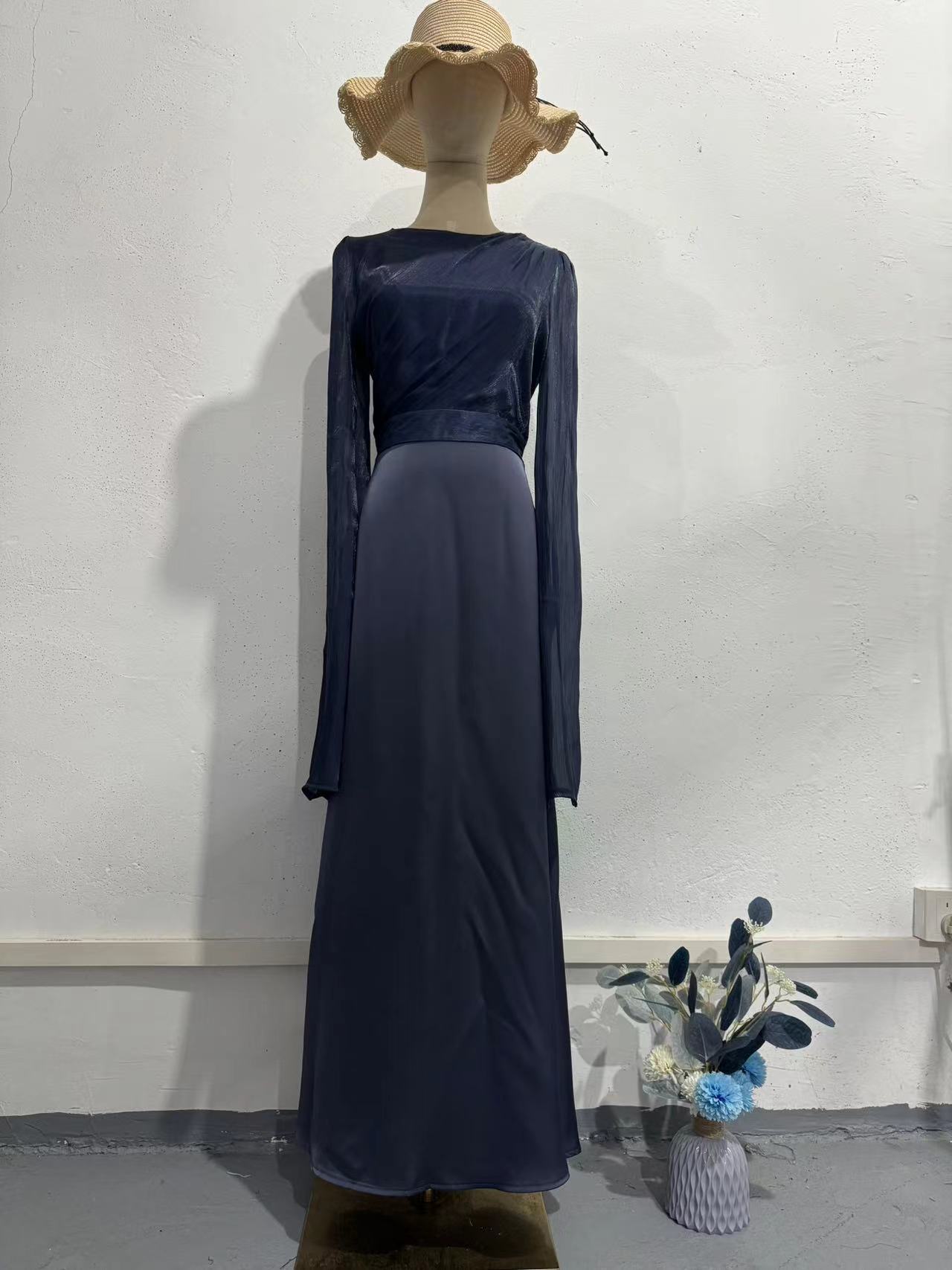 Elegant Summer Sleeve Contrast Chiffon & Satin Maxi Dress With Flared Cuffs - Slim Fit Long Dress For Women