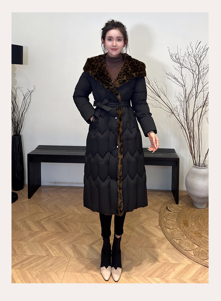 Stitching Overknee Long Slim-fit Belt Elegant Cotton-padded Jacket