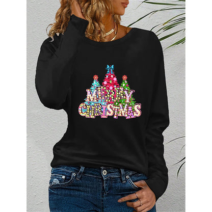 Women's Long Sleeve Merry Christmas T-Shirt, Cute Christmas Tree Graphic Tee, Funny Holiday Party Top