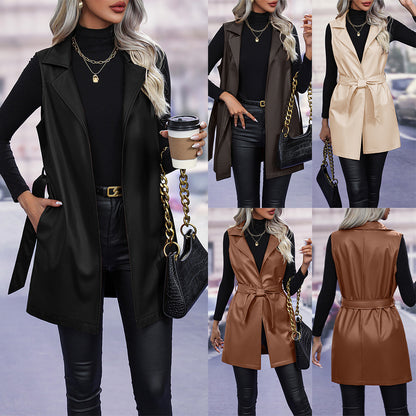 PU Leather Cardigan Strap Vest Vest Jacket For Women