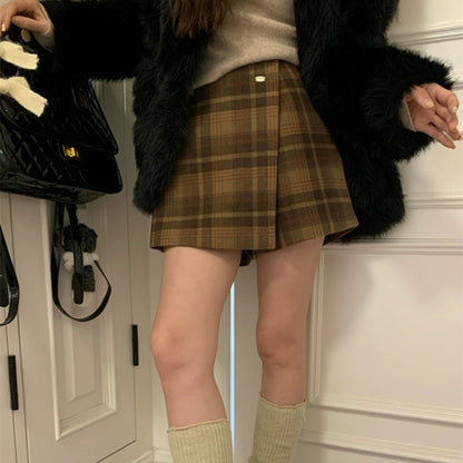 Winter Plaid Woolen Pants And Skirts To Prevent Exposure, Lazy A-line Short Skirts And Shorts
