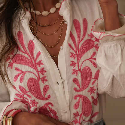 Boho Style Floral Ruffle Blouse, Women's Dressy Casual V-Neck Lantern Sleeve Button Down Shirt