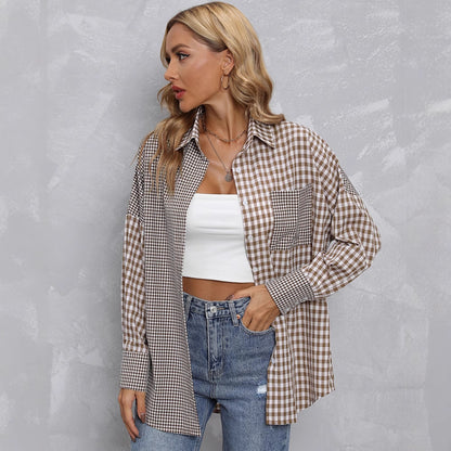 Lapel Plaid Colorblock Loose Casual Shirt