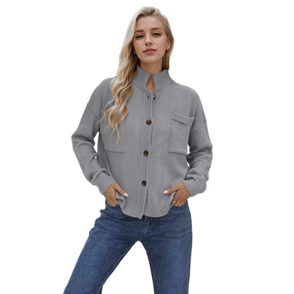 Standing Collar Plus Size Sweater Solid Color Cardigan For Women