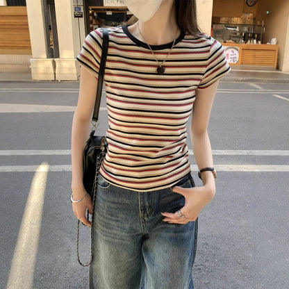 Contrast Color Striped Round Neck Short Sleeve Women's Shoulder Top