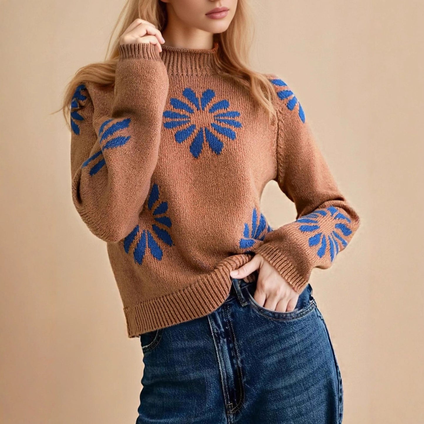 Round Neck Flower Color Collision Design Casual Knitted Sweater