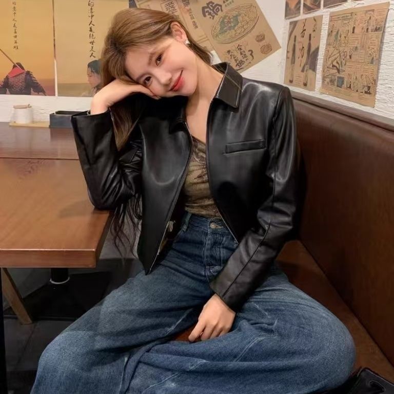 Women's Leather Top Lapel Short Fashion