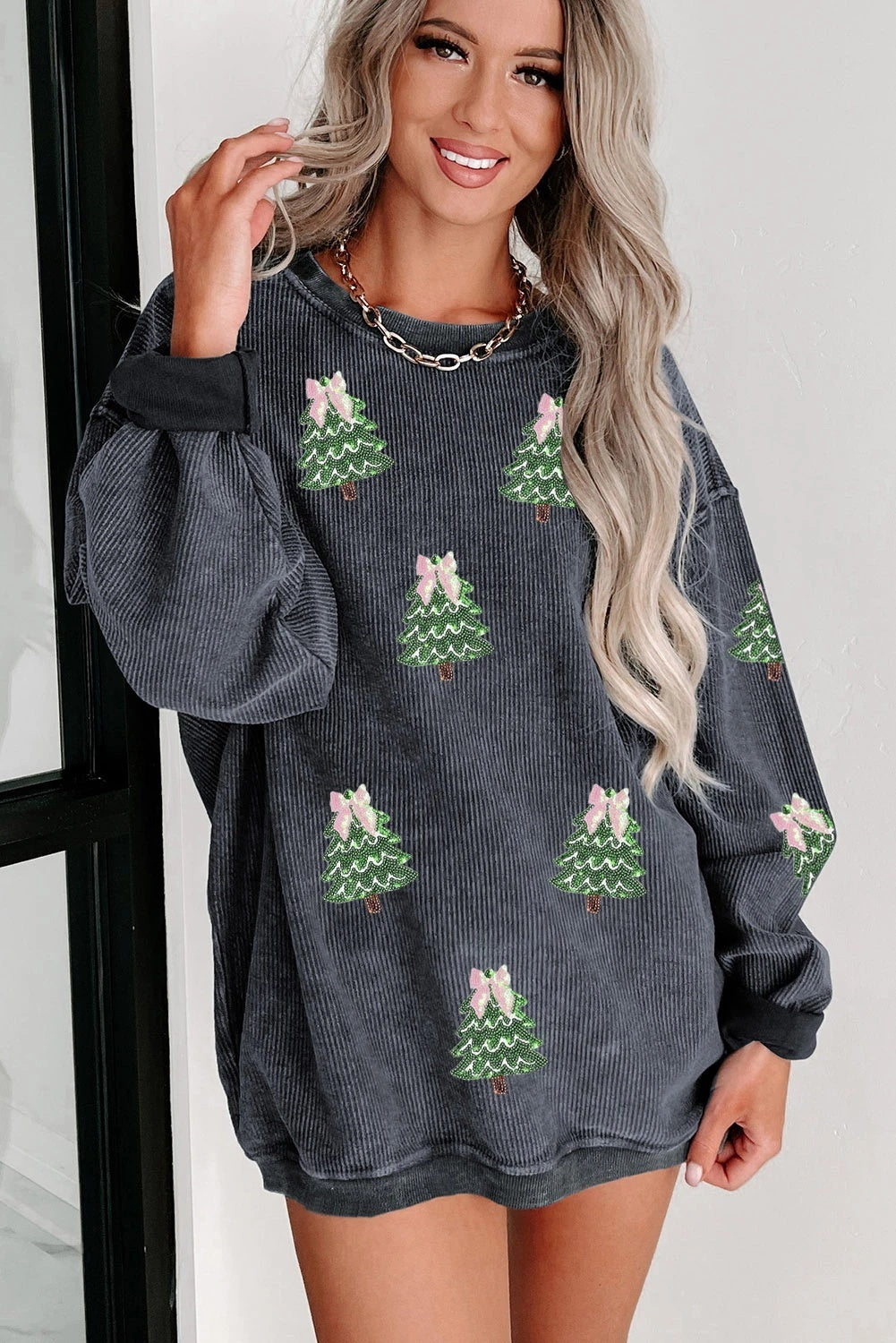 Round Neck Sequins Christmas Tree Rib Sweater For Women