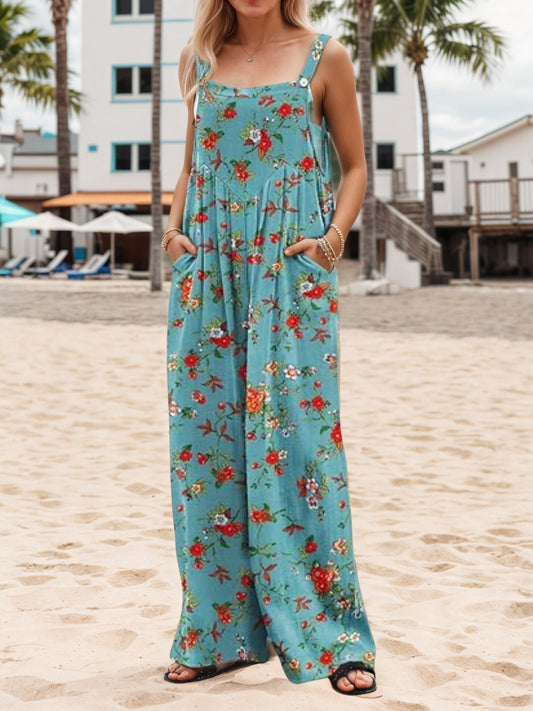 2025 New Women's Summer Printed Casual Overalls Loose Wide Leg Jumpsuit Bohemian Floral Printed Loose Jumpsuit With Pocket