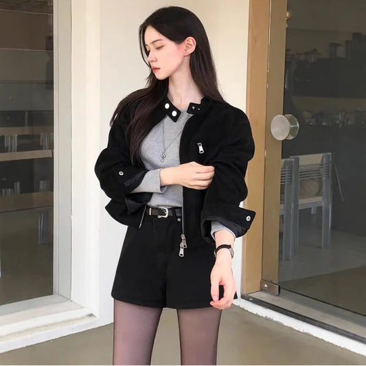 Retro Graceful Stand Collar Zipper Pocket Loose Versatile Short Jacket