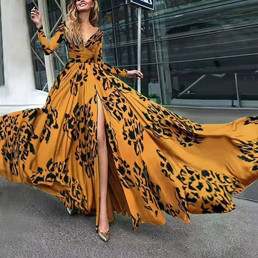 Women's Dress Split Leopard-print Slim-fit Sexy Deep V
