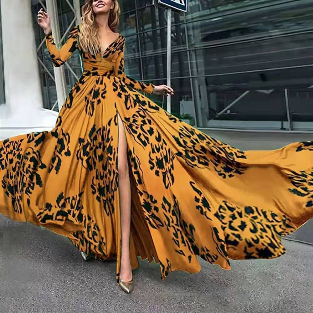 Women's Dress Split Leopard-print Slim-fit Sexy Deep V