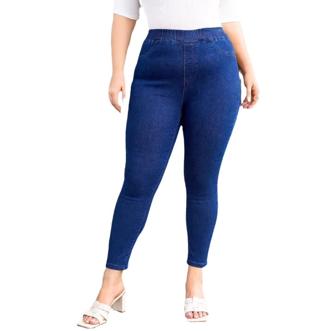 Plus Size Denim Elastic Waist Cropped Skinny Pants Elastic