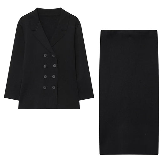 Temperament Female Knitted Double-breasted Coat Midi Skirt