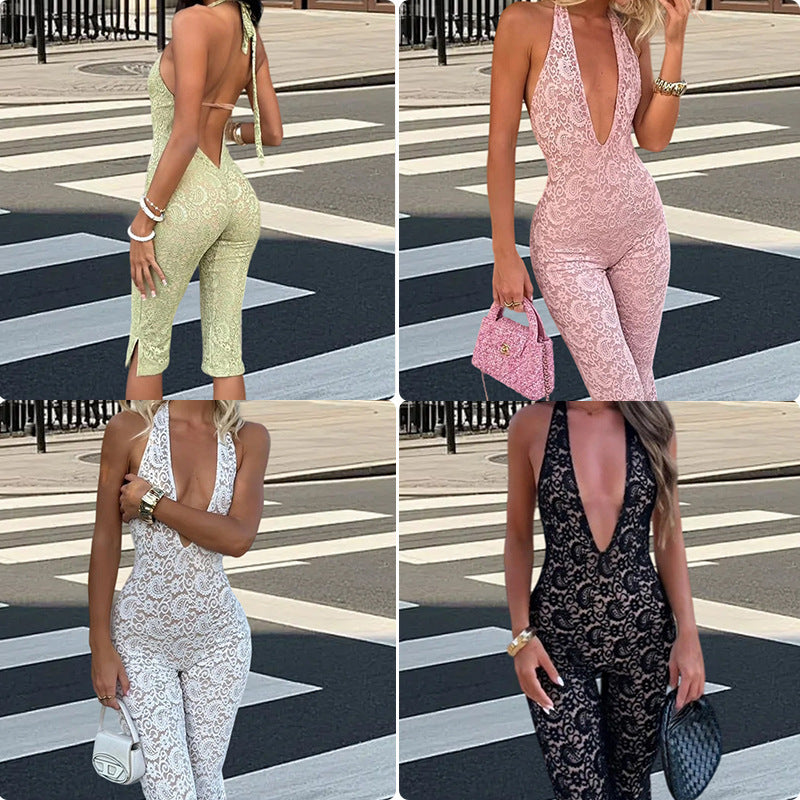 Fashion Lace V-neck Patchwork Halter Lace-up Bare Back