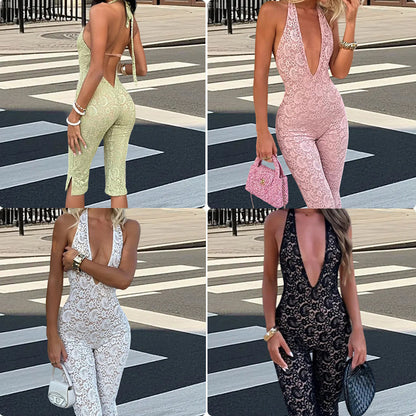 Fashion Lace V-neck Patchwork Halter Lace-up Bare Back