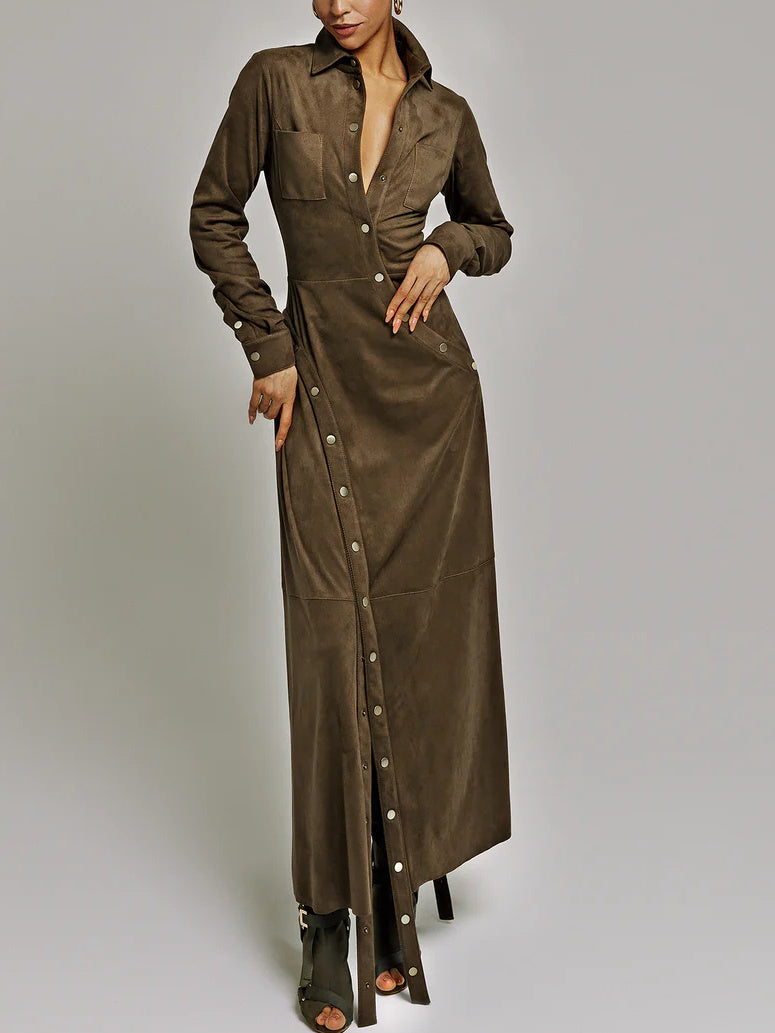 Olive Green Suede Shirt Dress With Asymmetric Snap Button Slit
