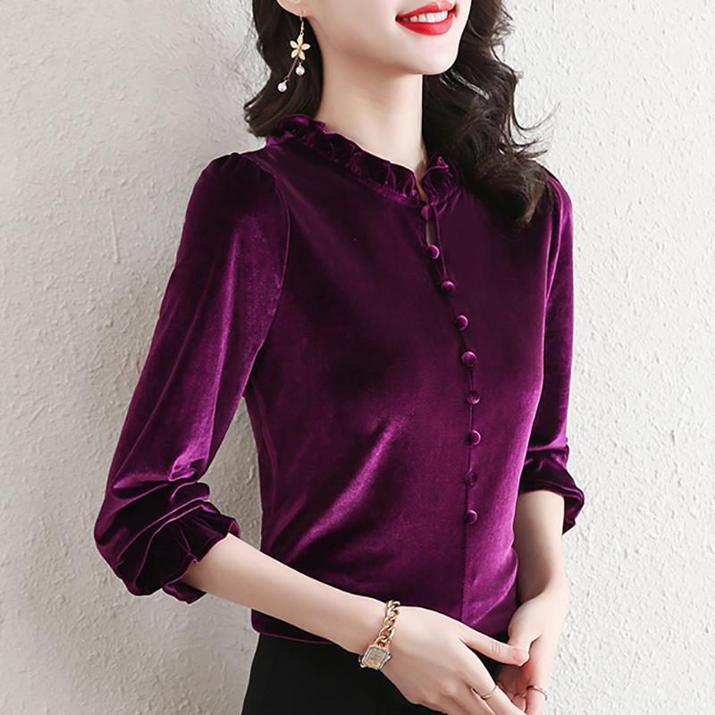 Gold Velvet Middle-aged Mom Top Western Style Slimming Women's Base Shirt