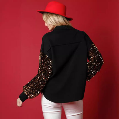 Women's Long-sleeved Button Fleece Shirt Sequined Sleeve Coat
