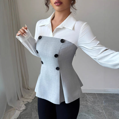 Women's Long-sleeved Contrast Color Double Breasted Fitted Waist Shirt