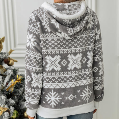 European And American Autumn And Winter New Hooded Cardigan Christmas Style Printed Plush Coat