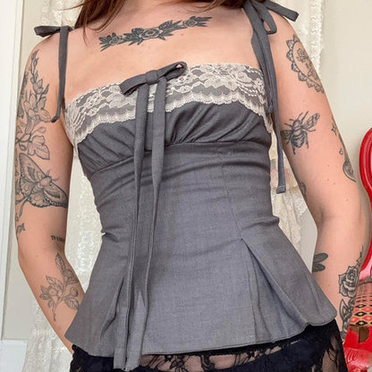 Girly Style Lace With Bow Splicing Sling Sweet Contrast Color